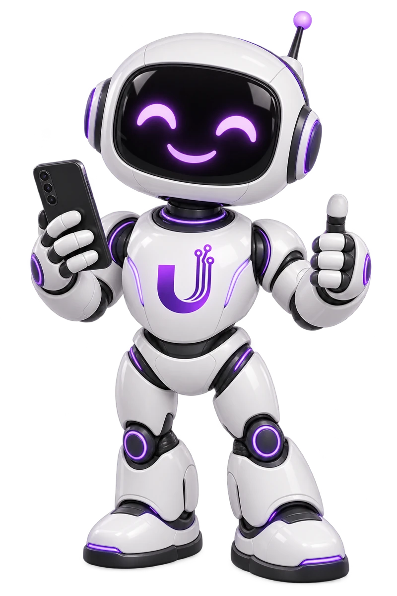 Robô Ultimate Fibra segurando um celular
