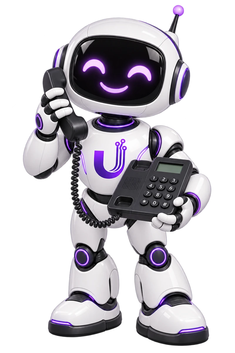 Robô Ultimate Fibra segurando um telefone fixo
